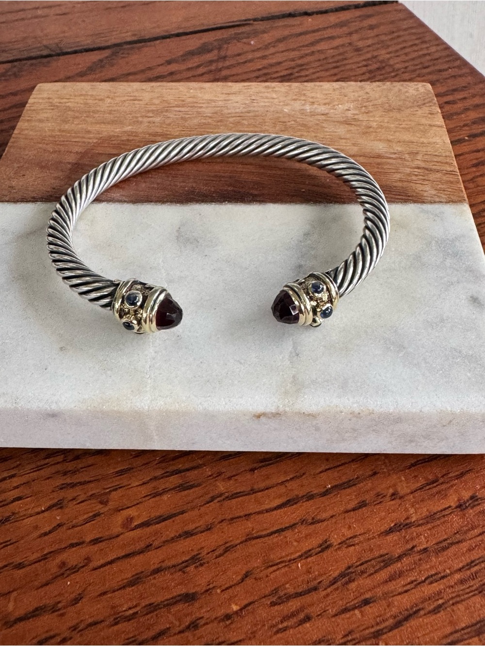 David Yurman Sterling Twist Open Cuff Bracelet with Gold and Garnet Cabochons